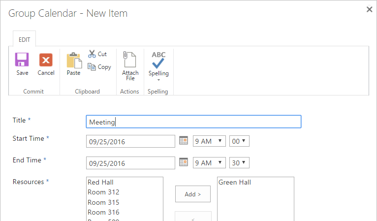 sharepoint resource reservation form
